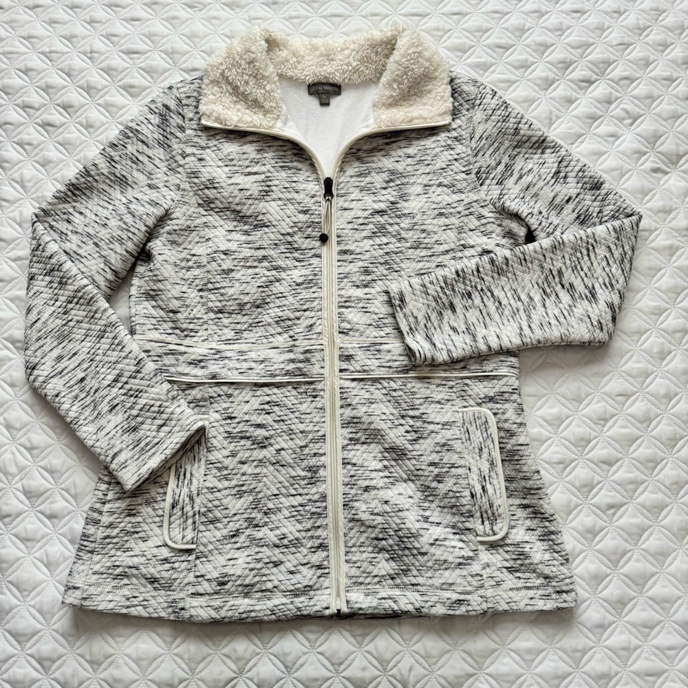 T by Talbots Quilted Jacquard Full Zip Jacket Gray Ivory Sherpa Trim Sz SP